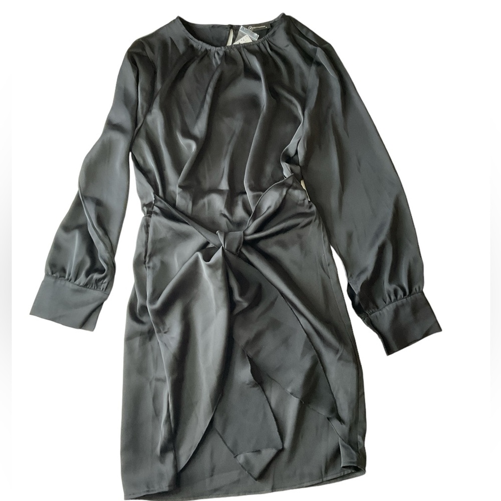 PRETTYGARDEN Women's Satin Dress Long Sleeve Tie Waist Elegant Black Large Mini